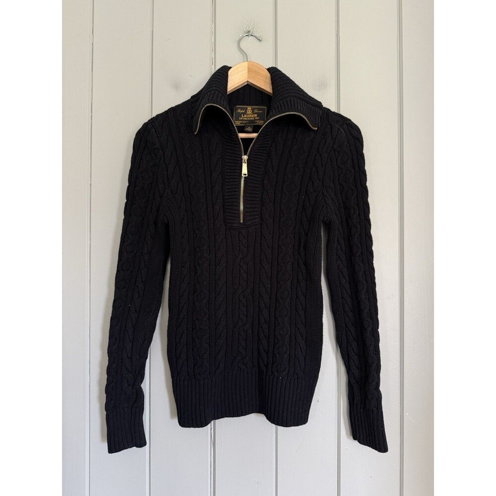 Ralph Lauren Sweater M Medium 100% Cotton Foldover Collar Cable 1/4 Zip Black